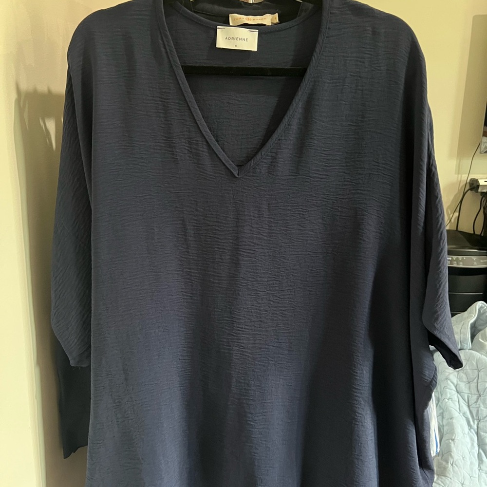 Adrienne Small S Oversized Dolman Short Sleeve Crinkle Navy Blue blouse